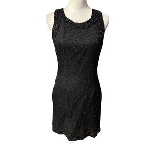 Vintage Laurence Kazar Black Silk Beaded Sleeveless Cocktail Dress Medium Petite